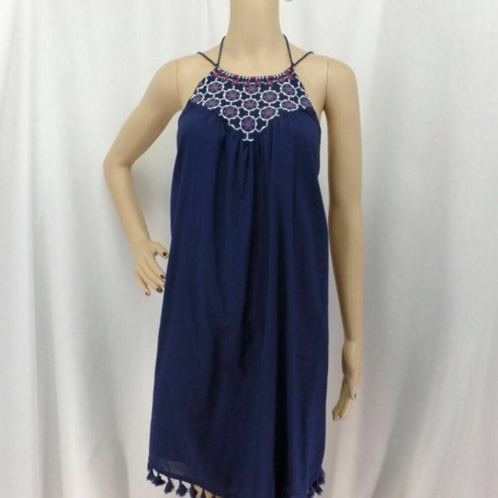 ANN TAYLOR * LOFT BLUE EMBROIDERED TASSEL TRIM BOHO SWING DRESS SIZE: L NWT